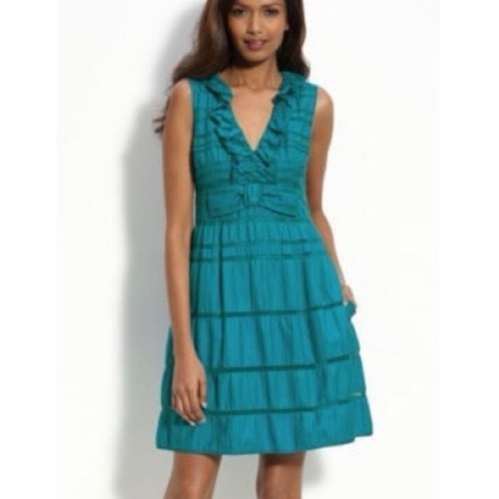Nanette Lepore Lovers Leap Dress Teal Ruffles Bow Sleeveless Size 4 V-neck